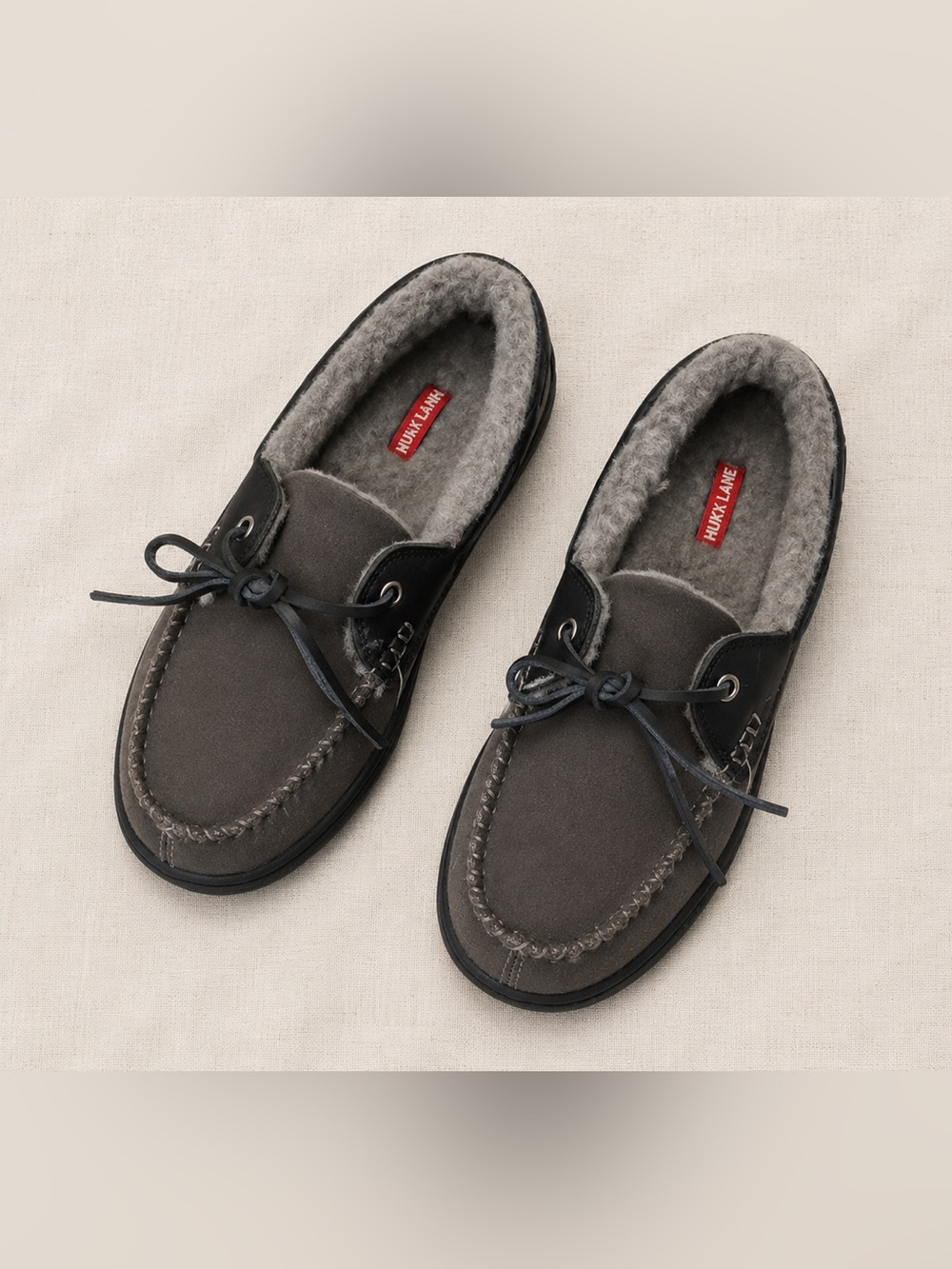 Craftsman Men’s Leather Moccasin Slippers Wool Blend Lining Gray Size 10